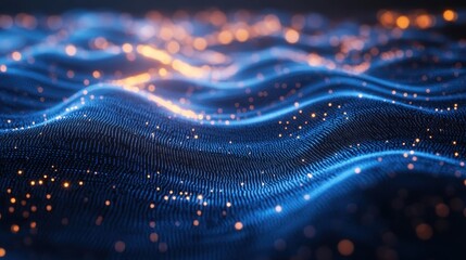 Dynamic blue and orange digital waves with glowing particles in motion