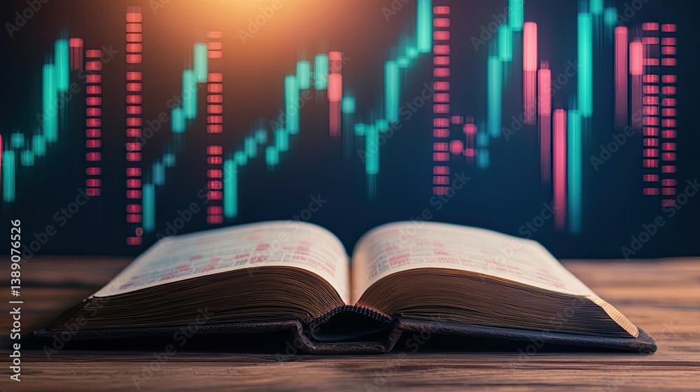 Poster Open book showing historical stock market with digital lights concept. An open book on a wooden table with financial graphs in background.