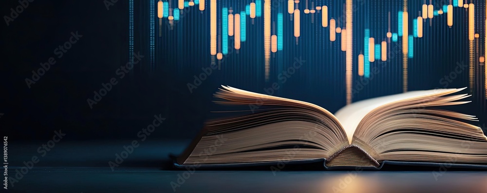 Poster open book showing historical and contemporary stock market concept. open book with financial graphs,