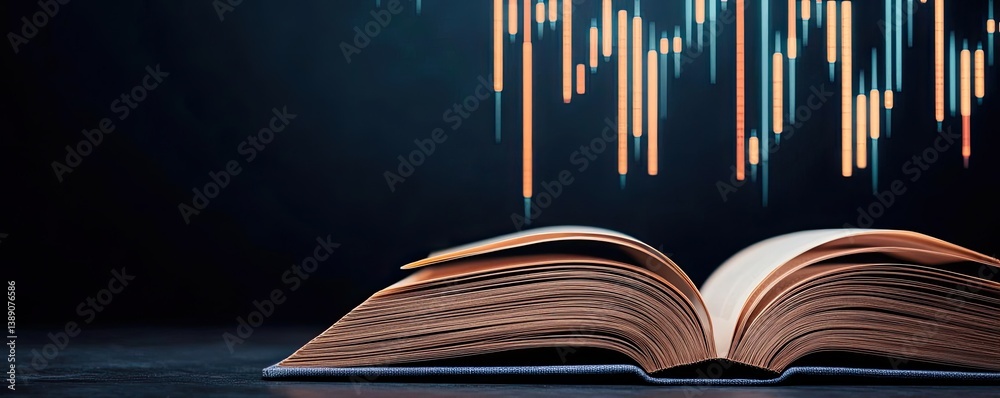 Poster open book showing historical and contemporary stock market concept. open book with data graph for ed
