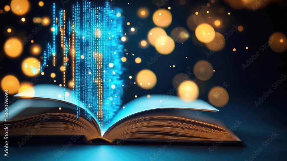 Aufkleber Open book with vertical digital lights chart in financial reveal concept. An open book with glowing particles creating a magical ambiance.