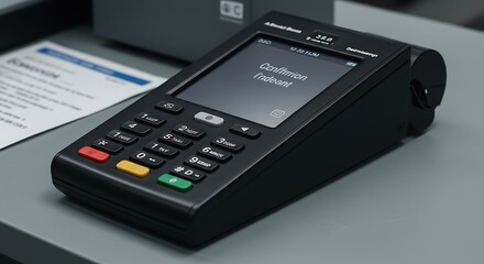 Obraz premium Close Up of Black Credit Card Terminal Showing Confirmation Message