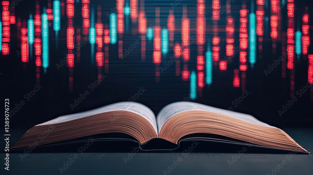 Poster Open book showing historical and contemporary stock market concept. An open book with colorful data visualizations in the background.