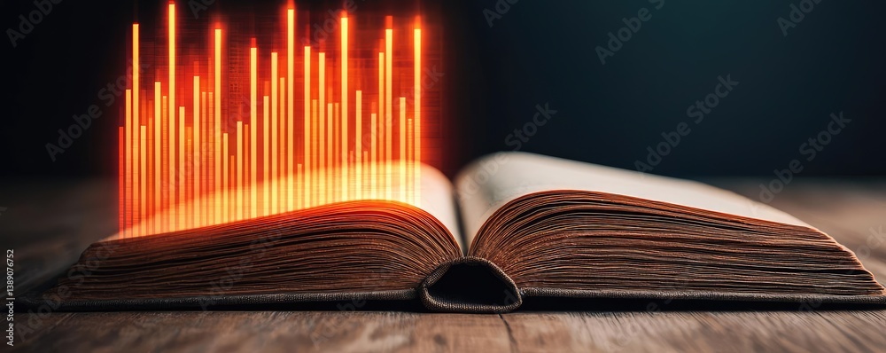 Poster Open book showing historical stock market with digital lights concept. An open book with glowing lines representing knowledge and creativity.