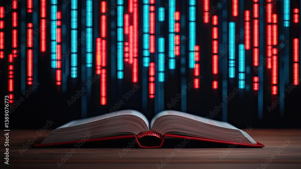 Poster open book showing historical and contemporary stock market concept. an open book with vibrant digita