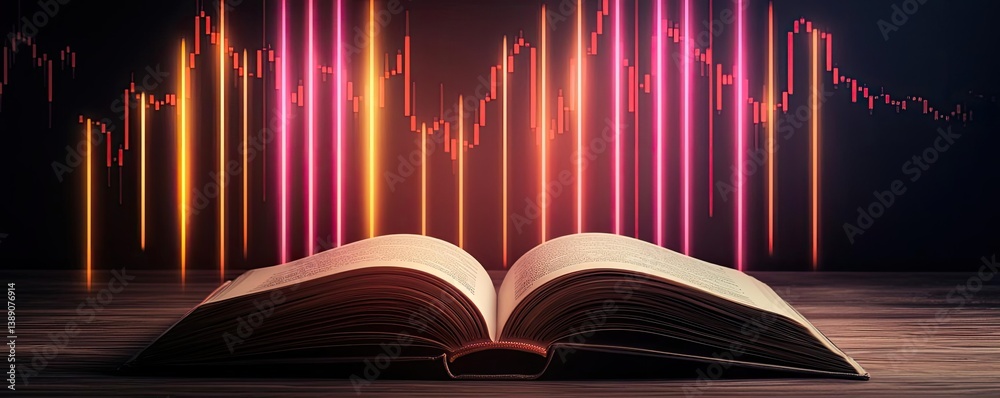 Aufkleber open book showing historical and contemporary stock market concept. an open book with colorful graph