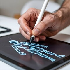 Closeup Shot of Hand Making Humanoid Illustration on Tablet, Isolated Background for Digital Character Design