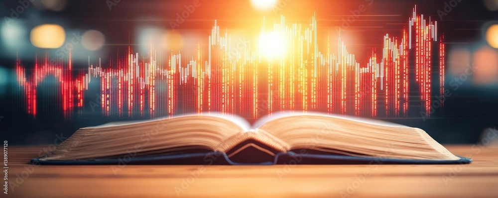 Poster open book showing historical and contemporary stock market concept. an open book with sound waves sy