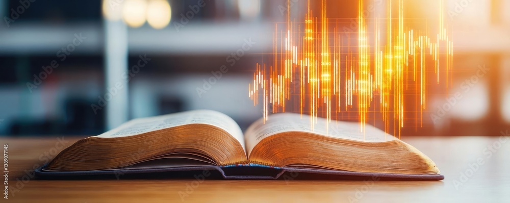 Poster open book showing historical and contemporary stock market concept. an open book with sound wave rep