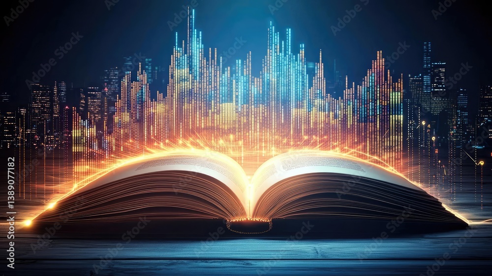 Poster open book with vertical digital lights chart in financial reveal concept. an open book with vibrant 