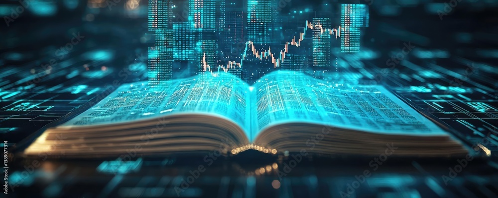 Poster Open book with vertical digital lights chart in financial reveal concept. A digital book with floating data and graphs illustrating information.