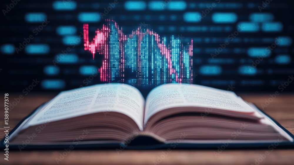 Poster Open book showing historical stock market with digital lights concept. Open book with digital data and graphs on a wooden table.