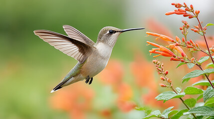 Fototapeta premium Closeup Hummingbird Hovering Near Orange Flowers