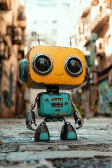 A robot with a blue and yellow body stands on a cobblestone street
