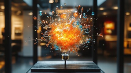 Creative explosion: light bulb with vibrant orange and blue burst in modern interior