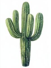 Majestic Saguaro Cactus Illustration Detailed Botanical Art of Desert Plant on White Background Vintage Style