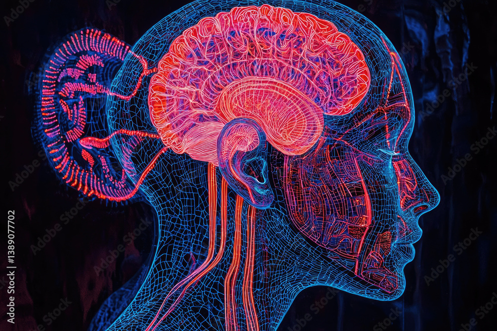 Poster Wireframe rendering of a human head showcasing the brain and nervous system in vibrant red and blue.