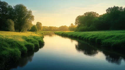 Serene river winding through lush greenery at sunrise, golden light reflecting on calm waters, perfect for nature, relaxation, landscape, travel, and wellness projects.