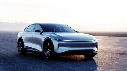 Fototapeta premium Sleek modern electric car parked on an empty road at sunrise, highlighting innovative design and technology, perfect for automotive, eco-friendly, and futuristic themes.