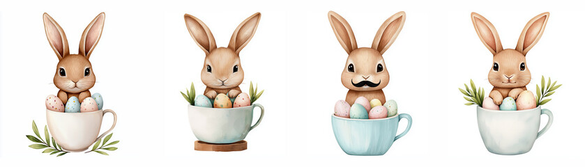 Lovely watercolor illustration of bunnies tucked comfortably in a teacup alongside Easter eggs, isolated on a white background. Perfect choice for posters, banners, publications, prints, and icons.