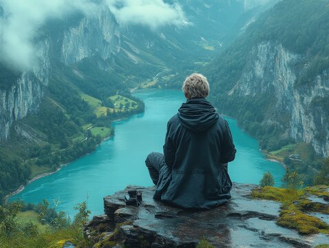 Man meditates with mountain lake view.