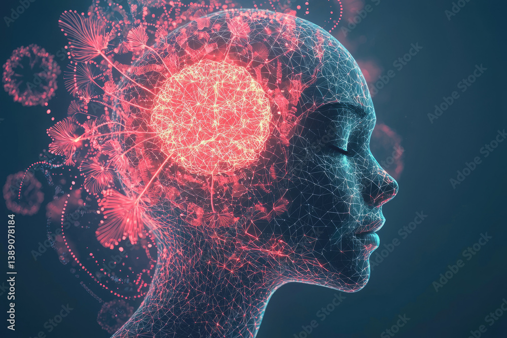 Poster Abstract digital art depicts a human head with a glowing brain, showcasing neural networks and interconnectedness.