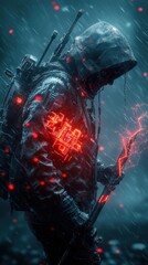Fototapeta premium A man is standing in the rain with a backpack on and holding a sword