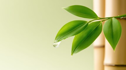 Fototapeta premium A close-up of bamboo leaves with a droplet of water, showcasing nature's beauty and tranquility against a soft green background.