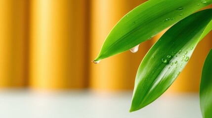 Fototapeta premium A close-up of green leaves with water droplets, set against a vibrant yellow background, showcasing nature's beauty and freshness.