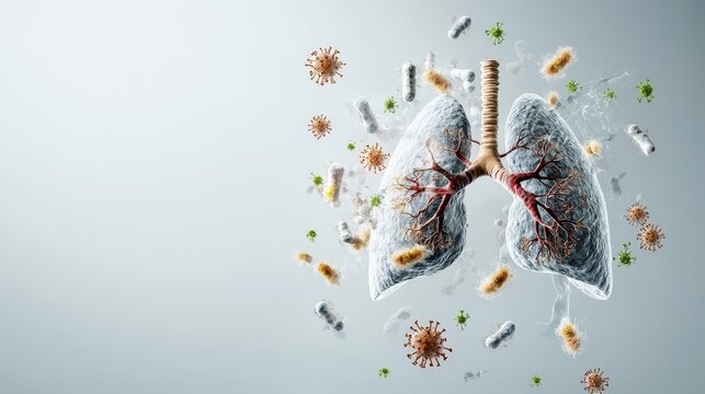 A lung is surrounded by a cloud of germs and bacteria