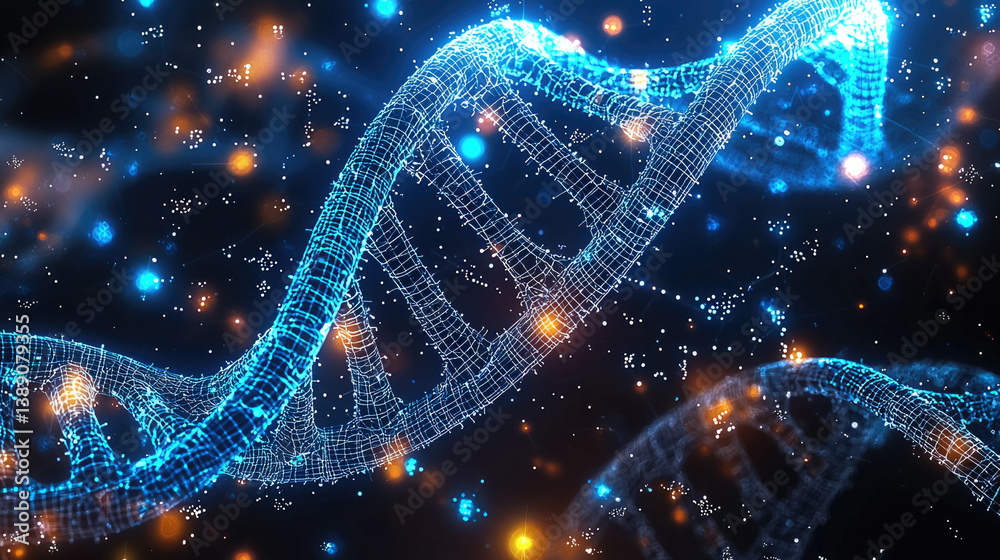 Poster futuristic representation of dna double helix, showcasing intricate details and glowing elements aga