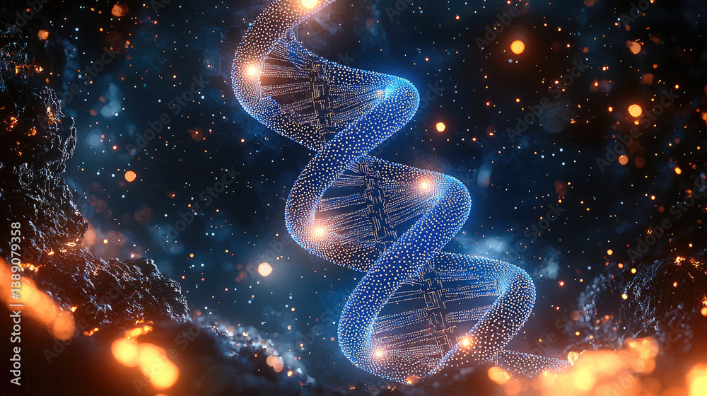Poster stunning representation of dna double helix, illuminated with glowing blue and orange lights, set ag