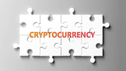 Cryptocurrency complex like a puzzle - pictured as word cryptocurrency on a puzzle pieces to show that cryptocurrency is complex and needs cooperating pieces that fit together. ,3d illustration