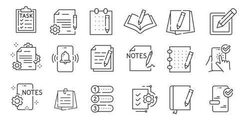 Note and task line icons. Checklist, document, notepad, list etc. Editable. vector