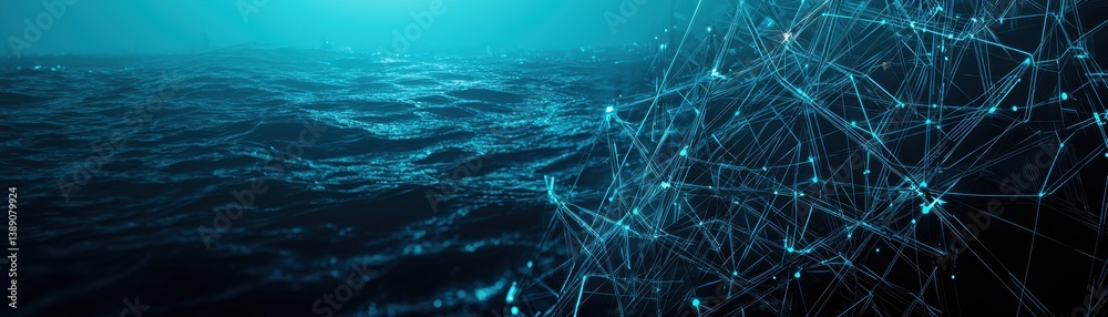 Poster an abstract digital representation of ocean waves combined with a network of glowing lines, evoking 