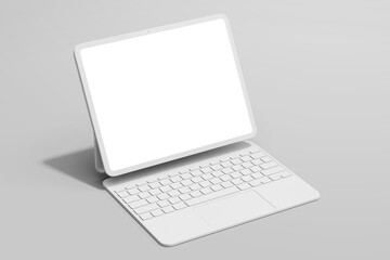 clay version of 13 inch tablet with blank white display and keyboard attached 3d render illustration