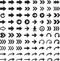 Modern black arrow icon set in vector style featuring various directions and shapes. Includes solid, outlined, chevron, circular, and curved arrow styles, arranged in a clean grid on white background.