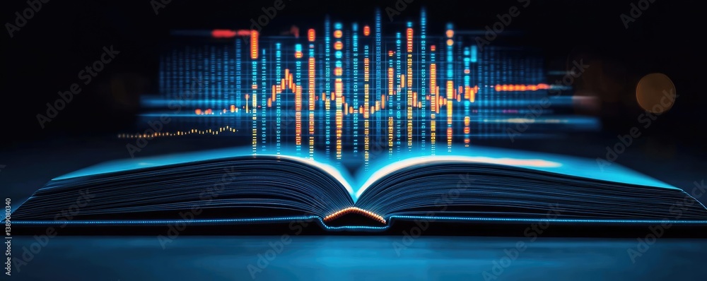 Poster Open book showing historical stock market with digital lights concept. An open book with abstract data visualization and graphs.