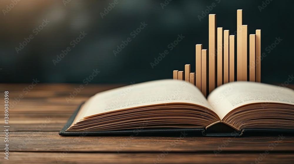Poster Open book showing historical and contemporary stock market concept. An open book with floating data bars, symbolizing knowledge growth.