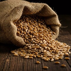 Grains of wheat spilling from burlap sack on rustic wooden table