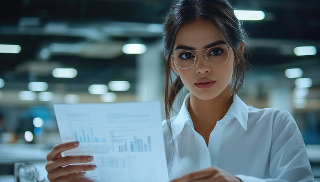 focused businesswoman examines report modern office environment, showcasing her analytical skills and professionalism. Her glasses add to her intellectual appearance, reflecting determination