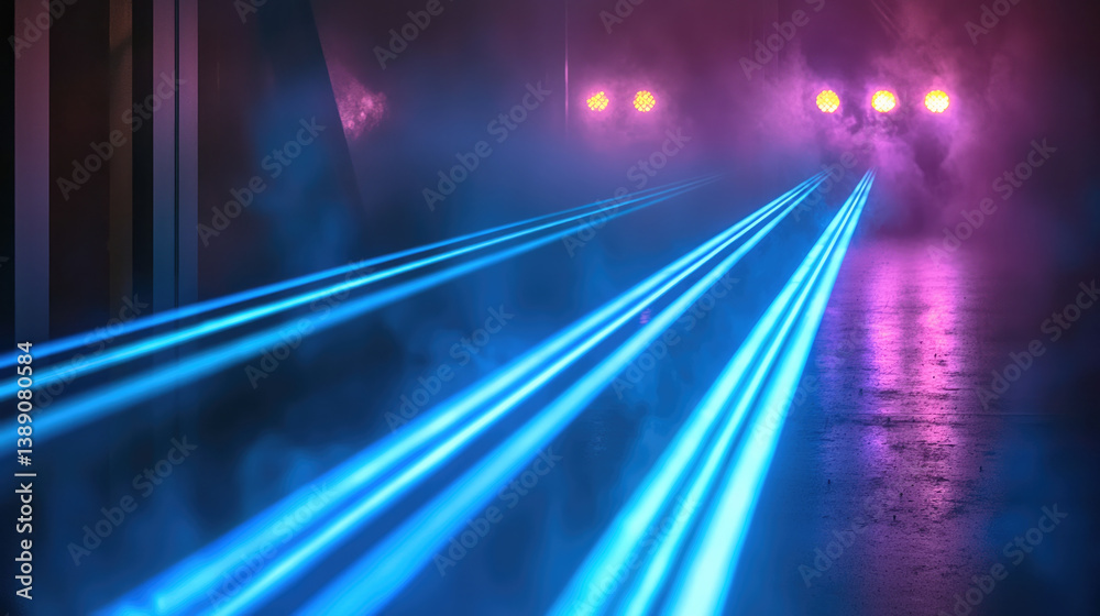 Poster vibrant scene featuring blue laser beams cutting through misty atmosphere, creating dynamic and ener