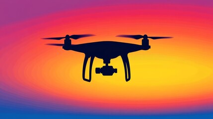 Fototapeta premium 22.A modern drone silhouetted against a colorful sunset, its camera lens reflecting the last rays of sunlight as it flies steadily in the sky.