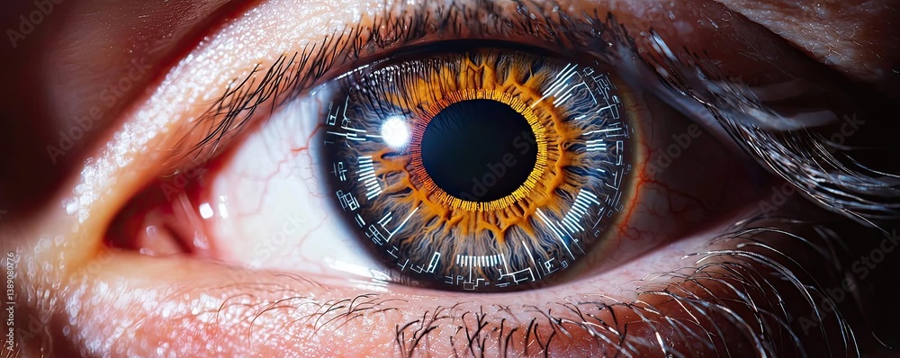 Poster close-up human eye connected to digital intelligence concept. close-up of a human eye showcasing int