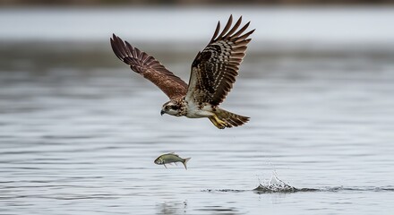 Bird Soaring Above Lake at Sunset