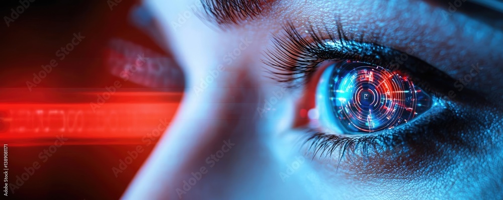 Poster close-up human eye connected to digital intelligence concept. close-up of an eye with digital circui