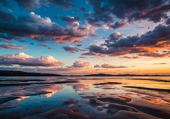 Obraz premium Scenic Lake Reflection with Colorful Sunset Sky and Dramatic Clouds