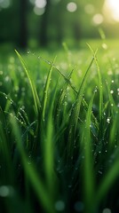 Obraz premium Vibrant Green Grass Dew Drops Stunning Nature Wallpaper & Mobile Wallpaper