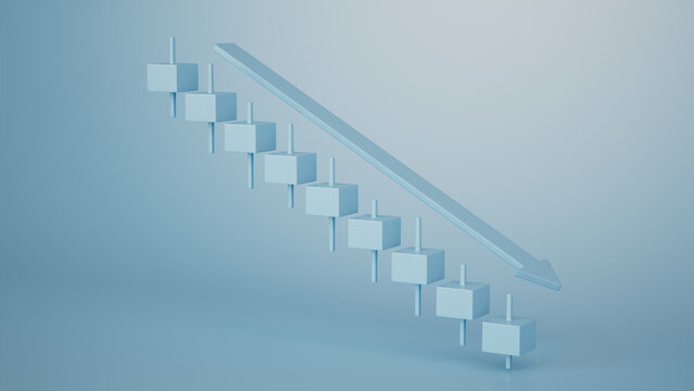 Minimalist Blue Decline Graph: Abstract Cuboid Bars with Downward Arrow