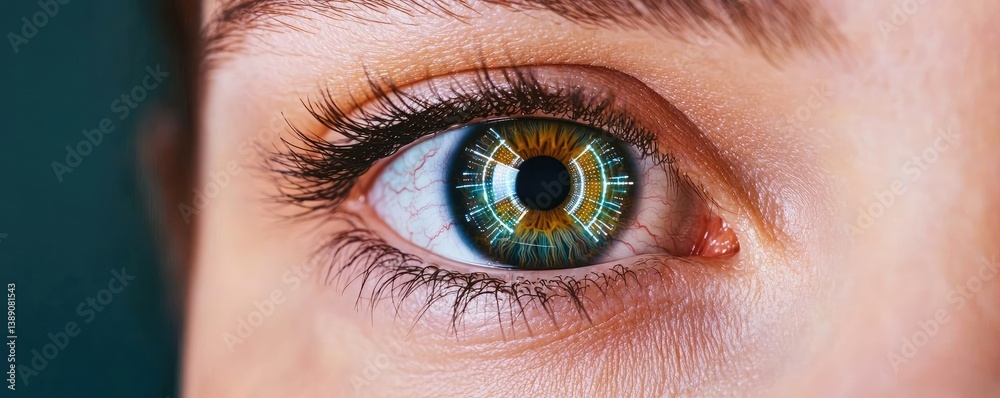 Poster close-up human eye connected to digital intelligence concept. close-up of a vibrant eye showcasing i